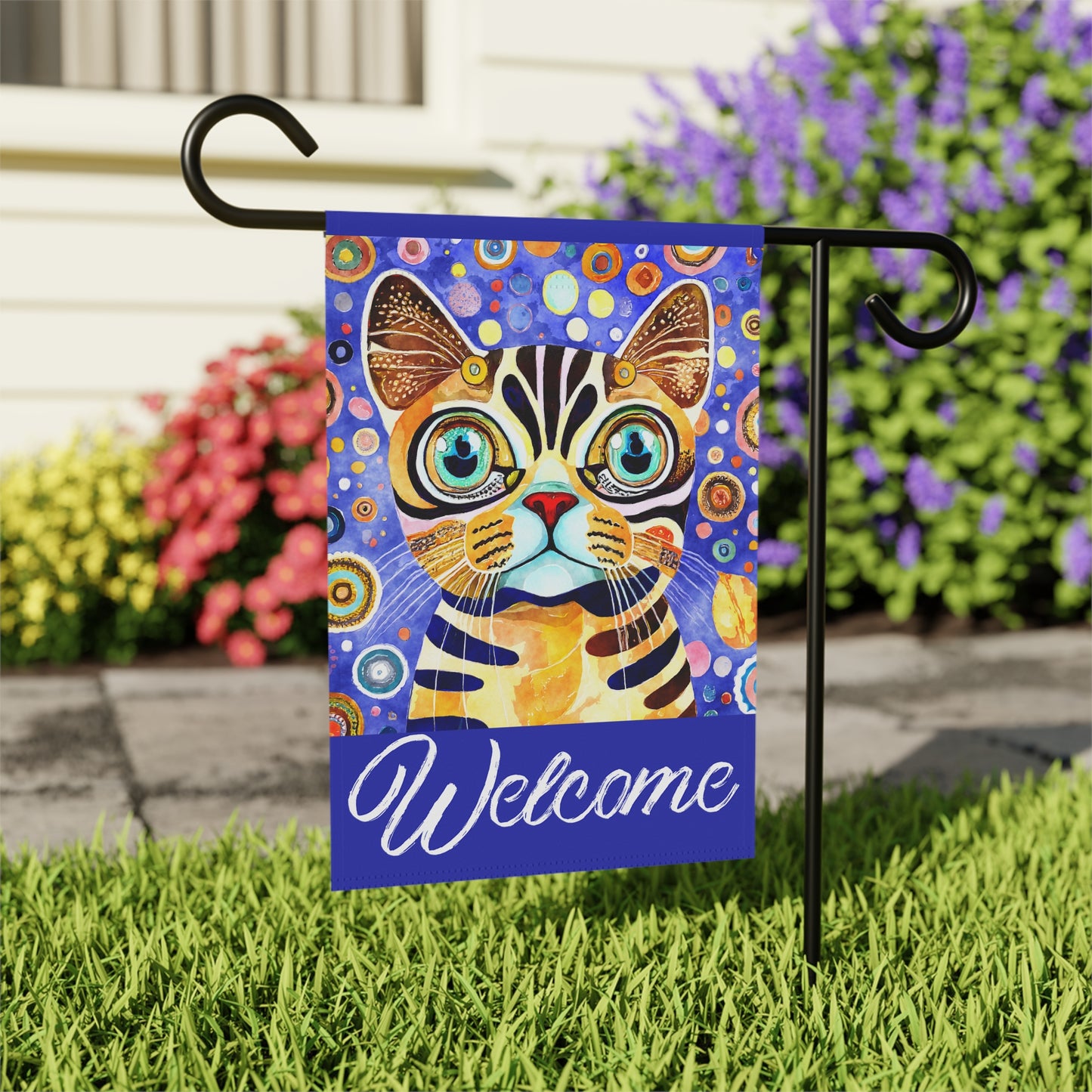 Funky Bright Cat Welcome 2-Sided Garden & House Flag/Banner