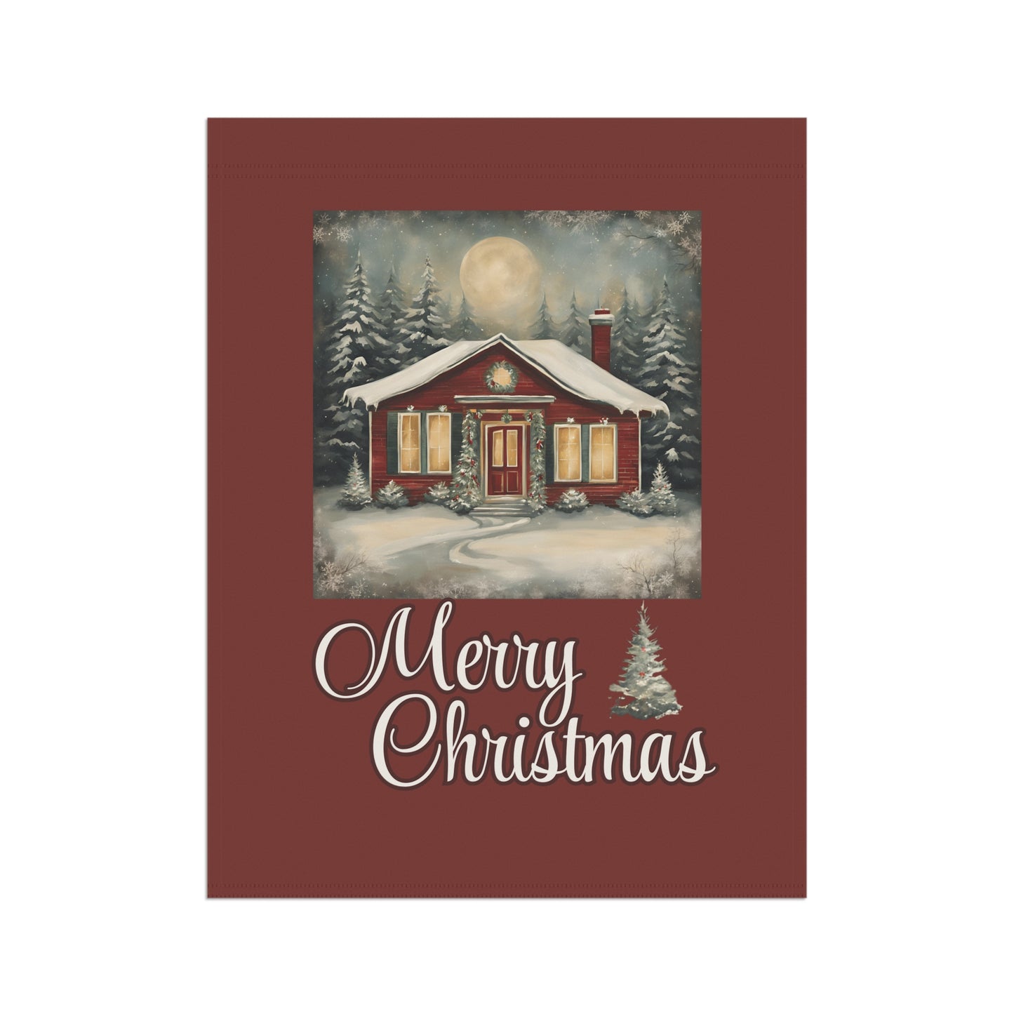 Red Cabin Merry Christmas 2-Sided Garden & House Flag/Banner