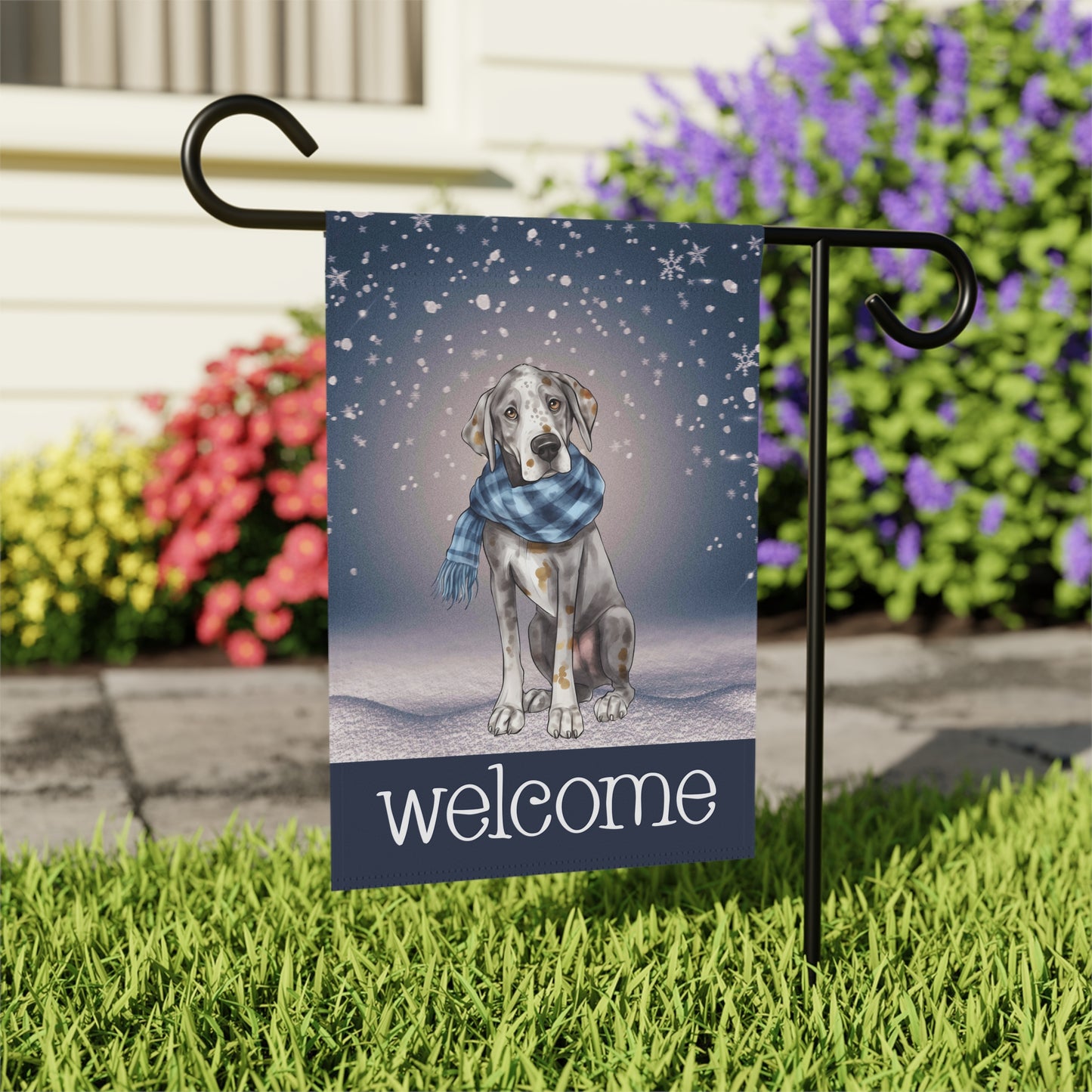 Snowy Welcome Great Dane in Scarf 2-Sided Garden & House Flag/Banner