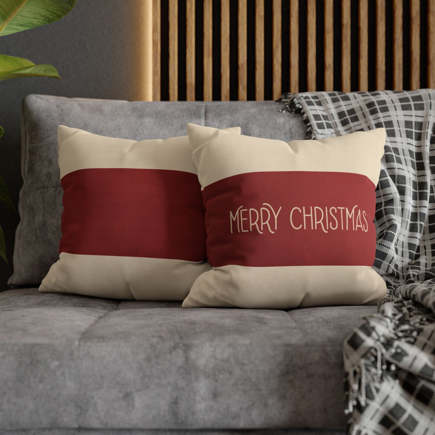 Merry Christmas Red & Cream Square Poly Canvas Pillowcase