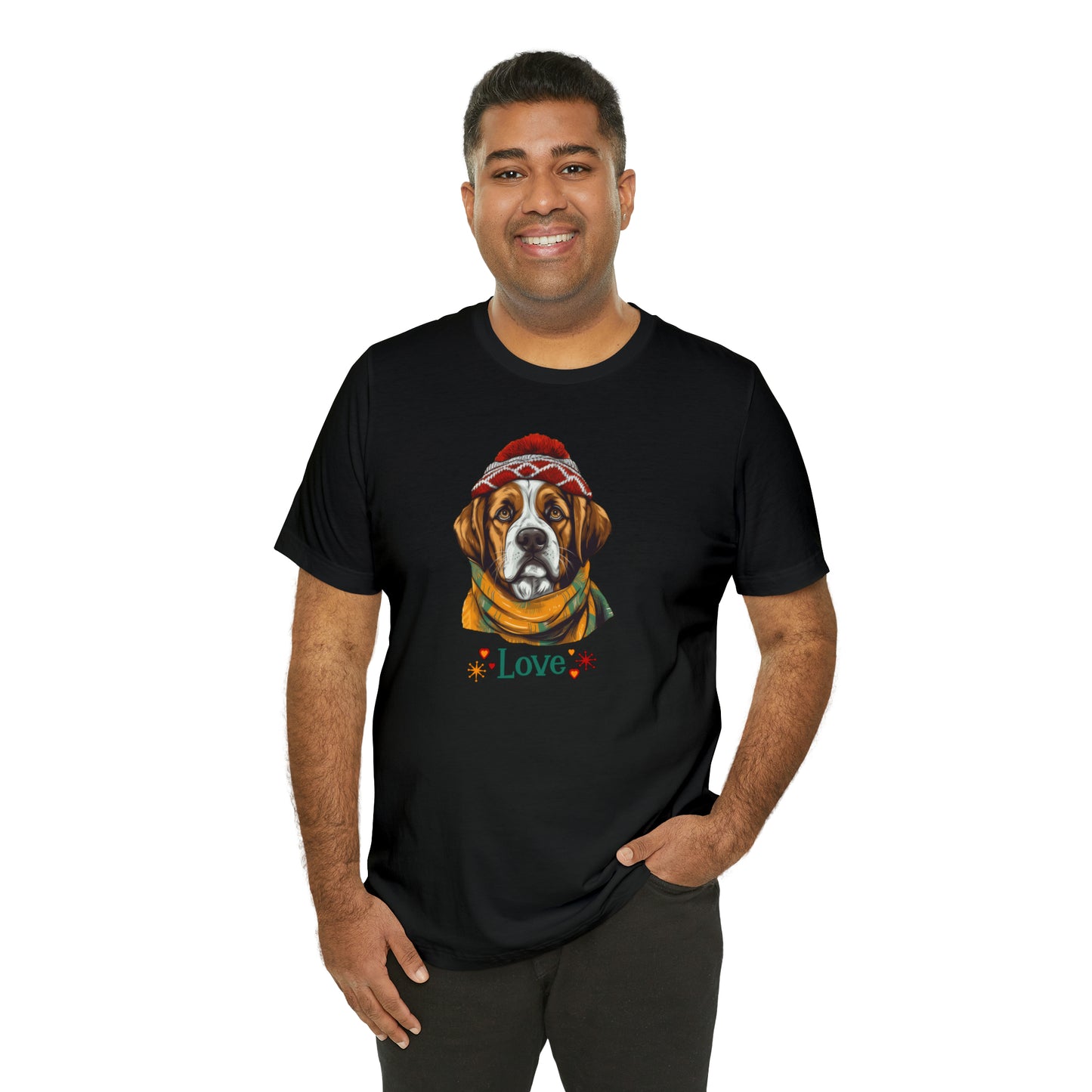 Saint Bernard in Hat & Scarf Love Unisex Jersey Short Sleeve Tee