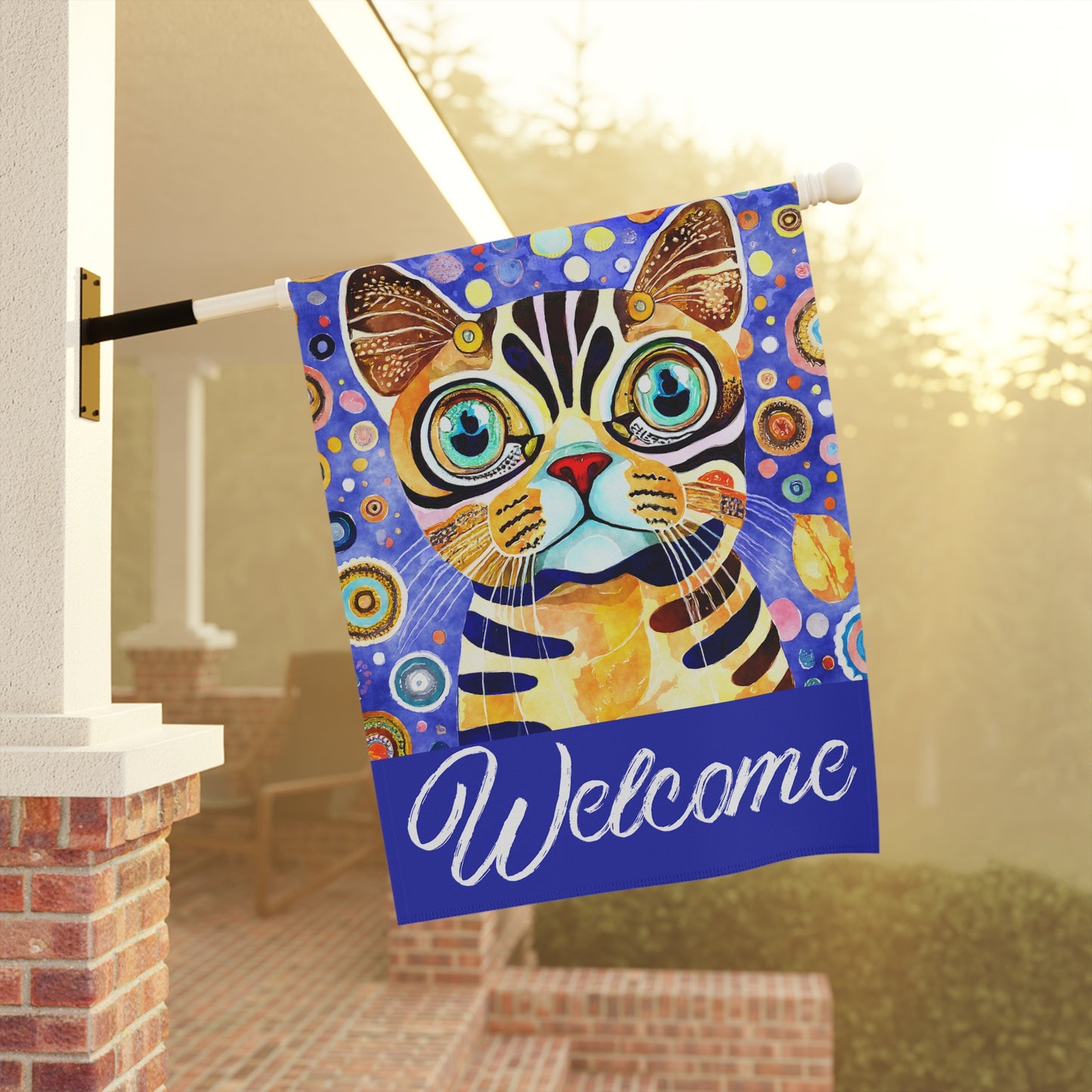 Funky Bright Cat Welcome 2-Sided Garden & House Flag/Banner