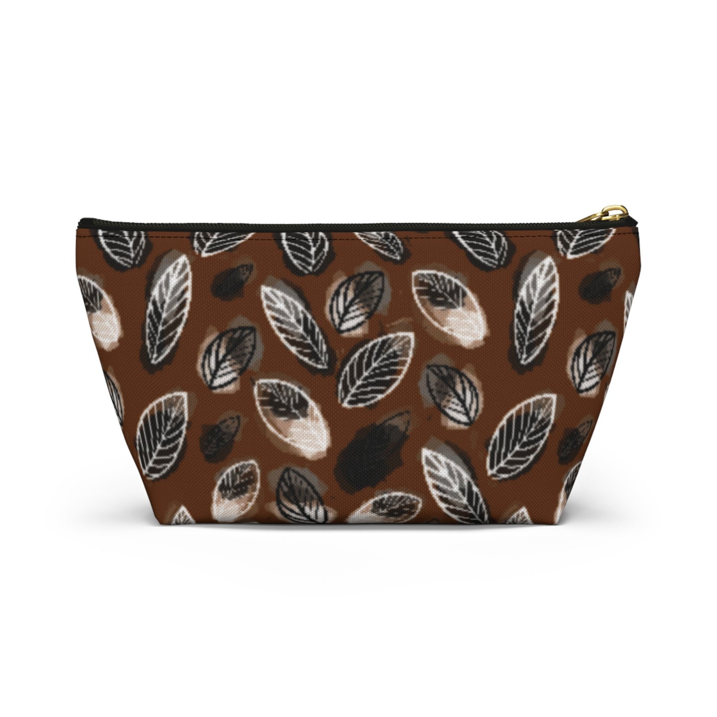 Gertie Black & Cream Abstract Leaves on Brown Makeup Zipper Accessory Pouch w T-bottom