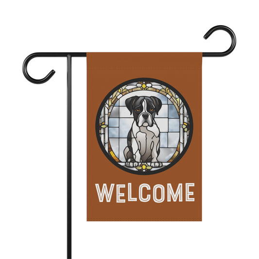 Black & White Boxer Sitting Welcome Stained Glass Look 2-Sided Garden & House Flag/Banner