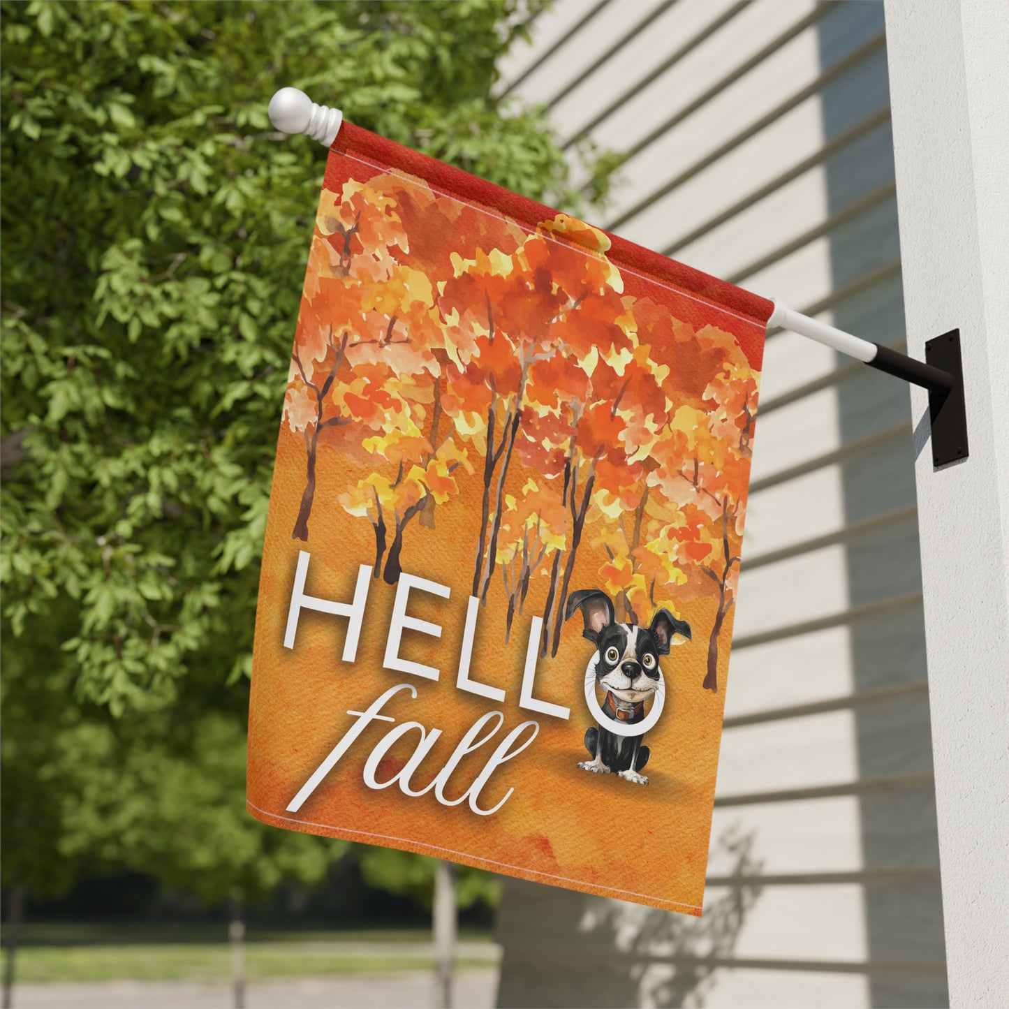 Boston Terrier Hello Fall 2-Sided Garden & House Flag/Banner