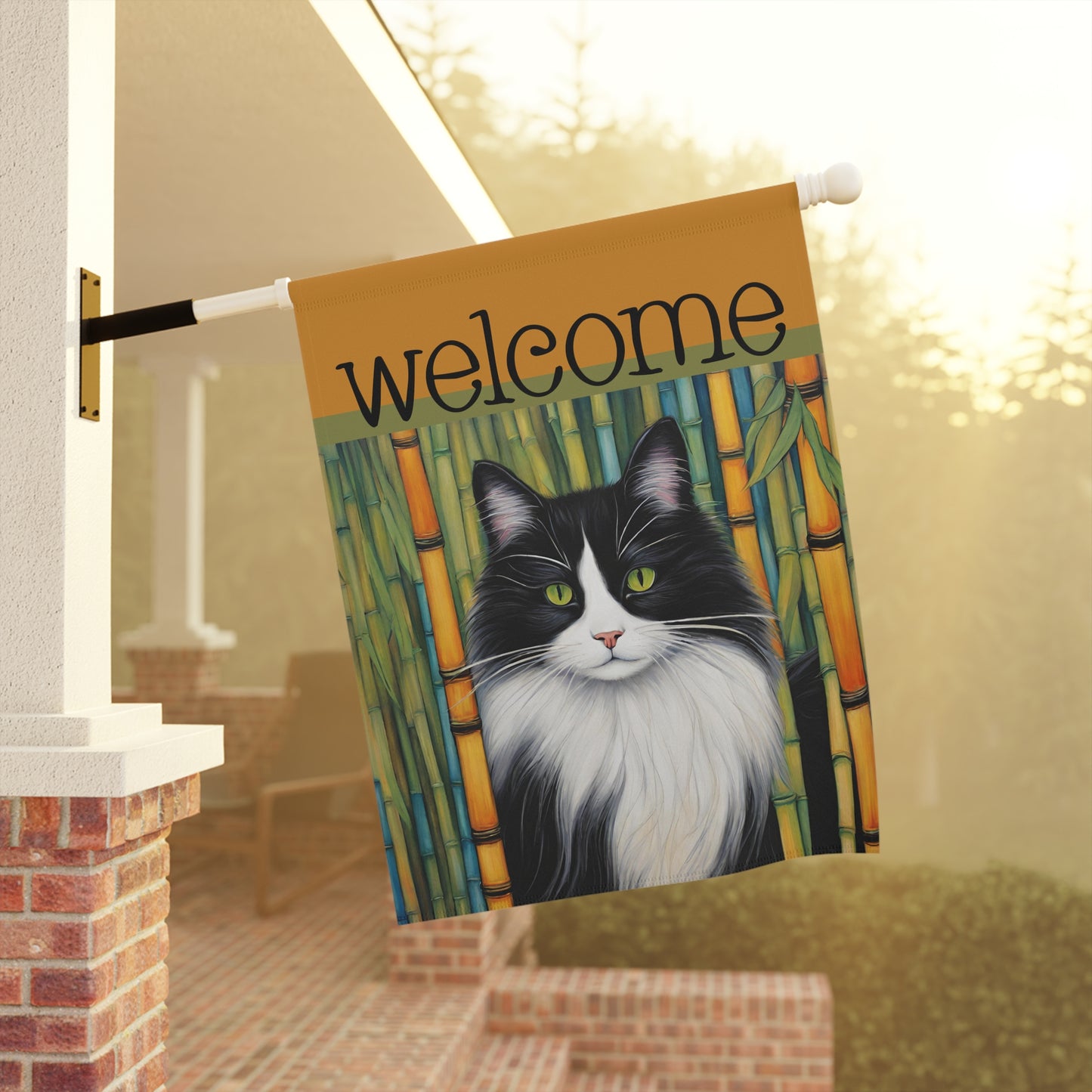 Black & White Bamboo Cat Welcome 2-Sided Garden & House Flag/Banner