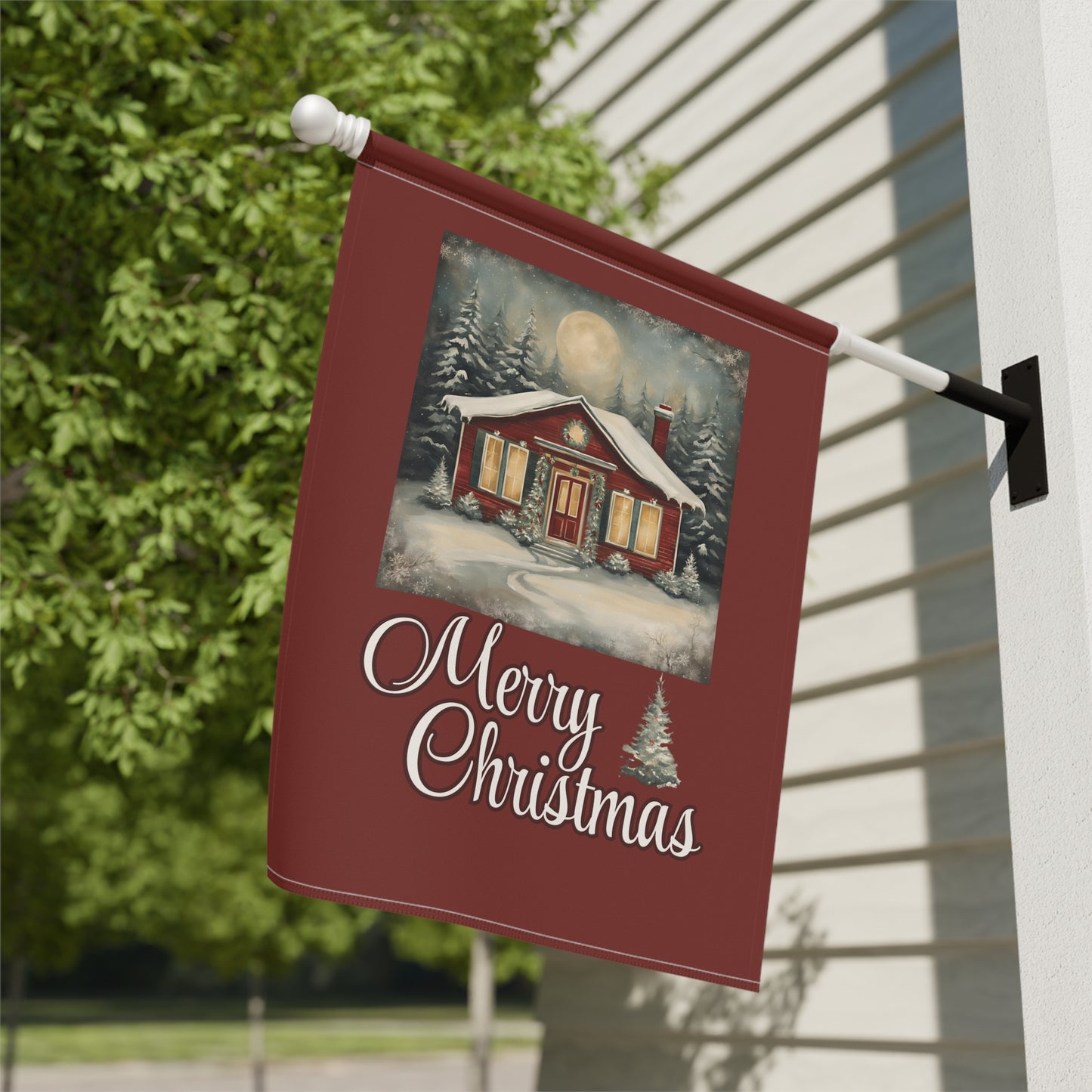 Red Cabin Merry Christmas 2-Sided Garden & House Flag/Banner