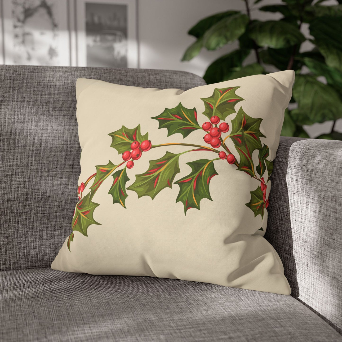 Holly Vine Holiday Square Poly Canvas Pillowcase