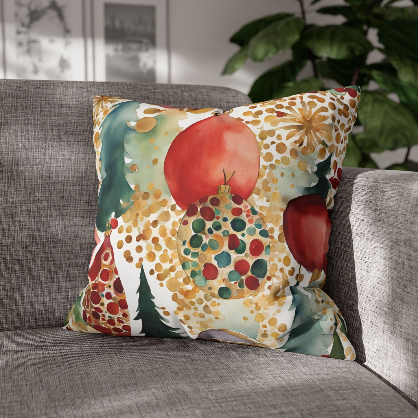 Holiday Watercolor Ornaments Square Poly Canvas Pillowcase