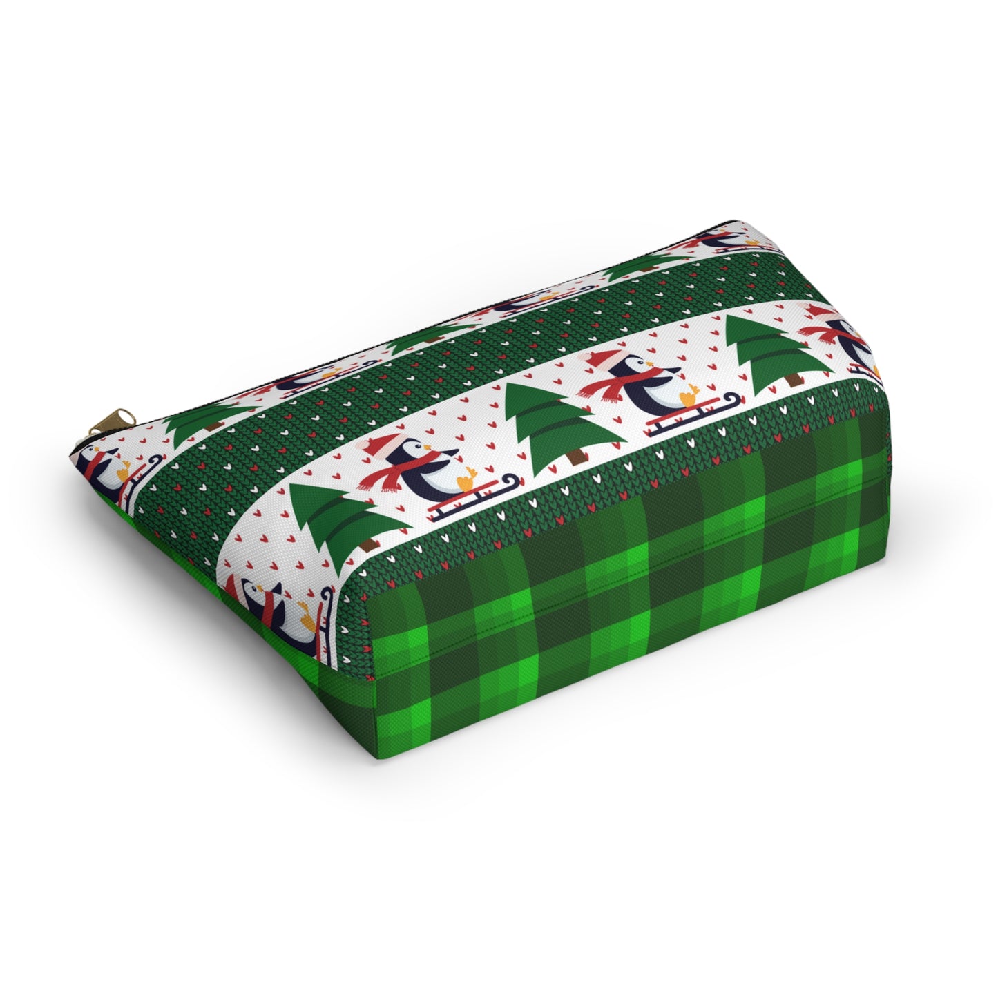 Sledding Penguins Green Plaid Accessory Pouch w T-bottom