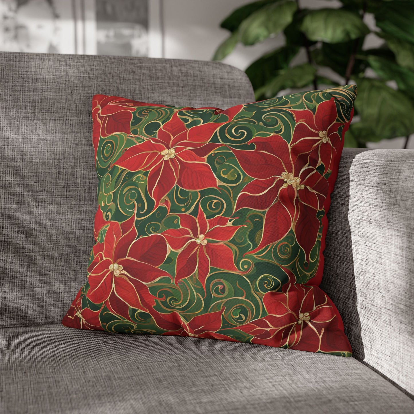 Poinsettias Swirl Holiday Square Poly Canvas Pillowcase