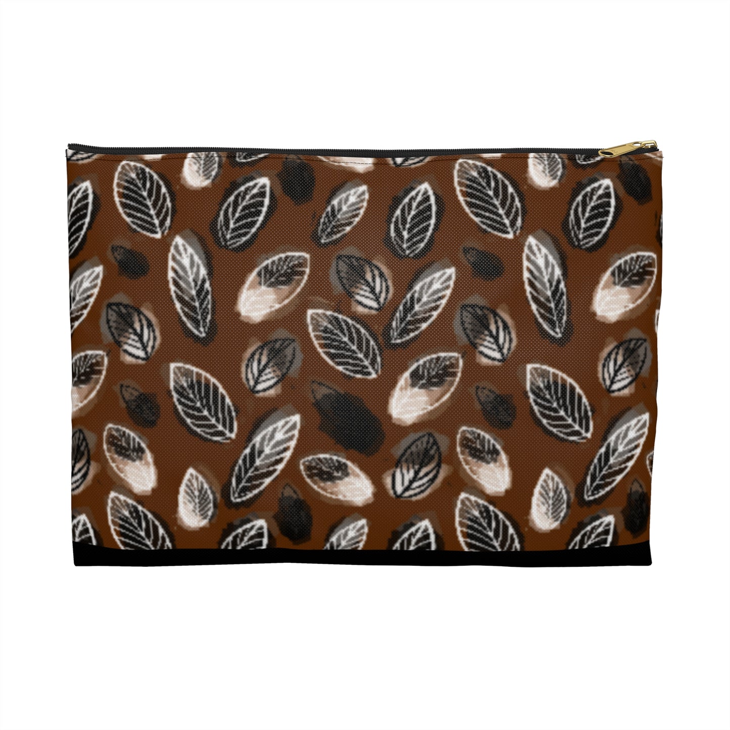 Gertie Black & Cream Abstract Leaves on Brown Journal Pencil  Zipper Flat Bottom Accessory Pouch