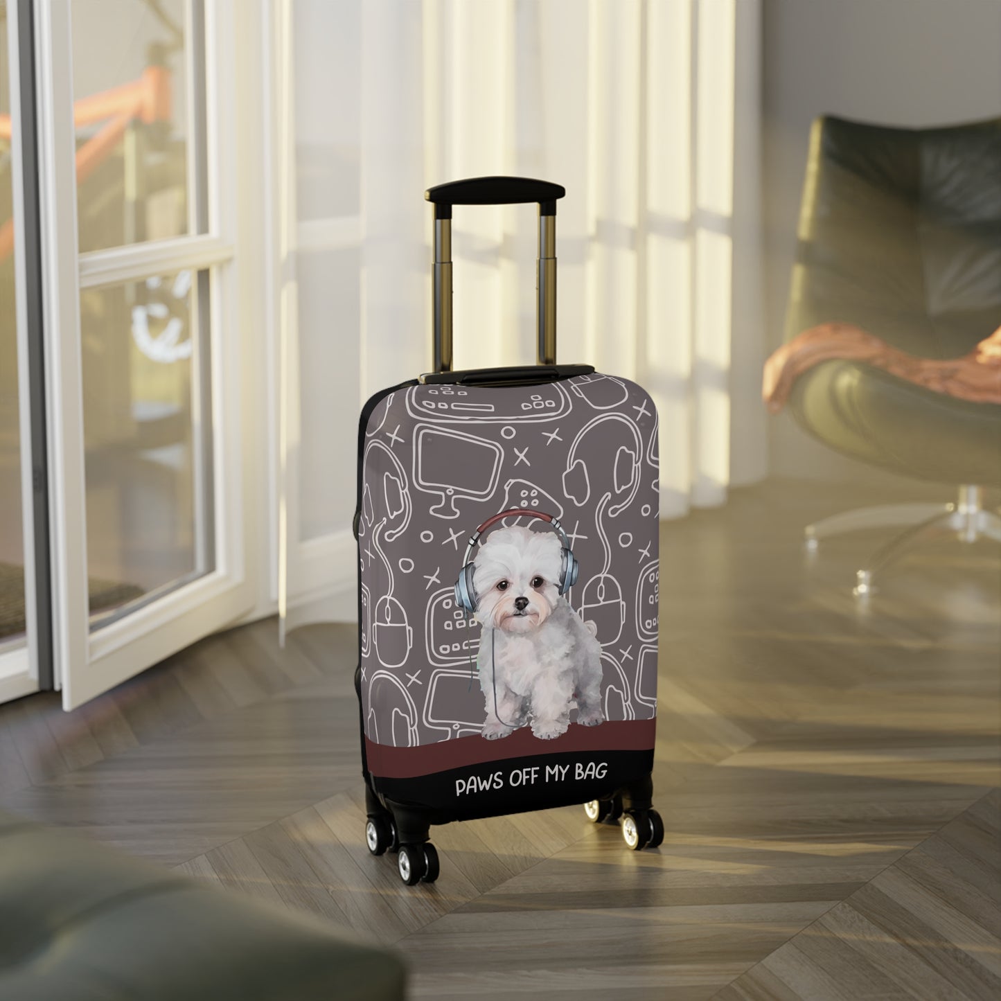 Bichon Frise in Headphones Paws Off My Bag Luggage Cover