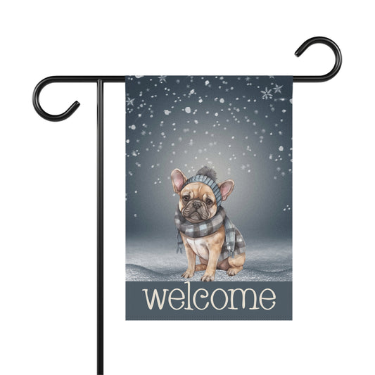 Snowy Welcome French Bulldog in Scarf 2-Sided Garden & House Flag/Banner