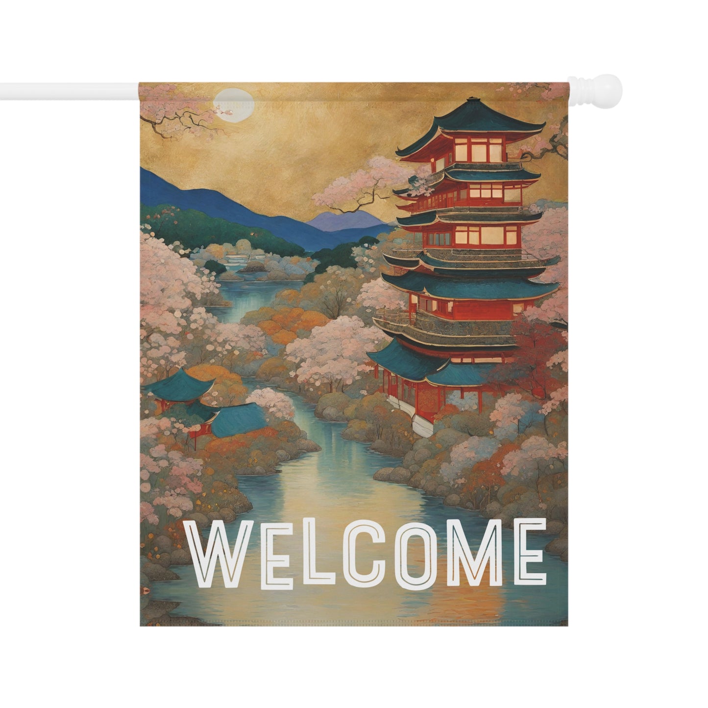 Serene Pagoda Welcome 2-Sided Garden & House Flag/Banner