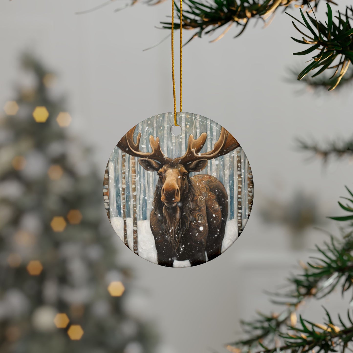 Mountain Forest Snowy Moose 3" Ceramic Ornaments, 2-Side Print, (1pc, 10pcs)