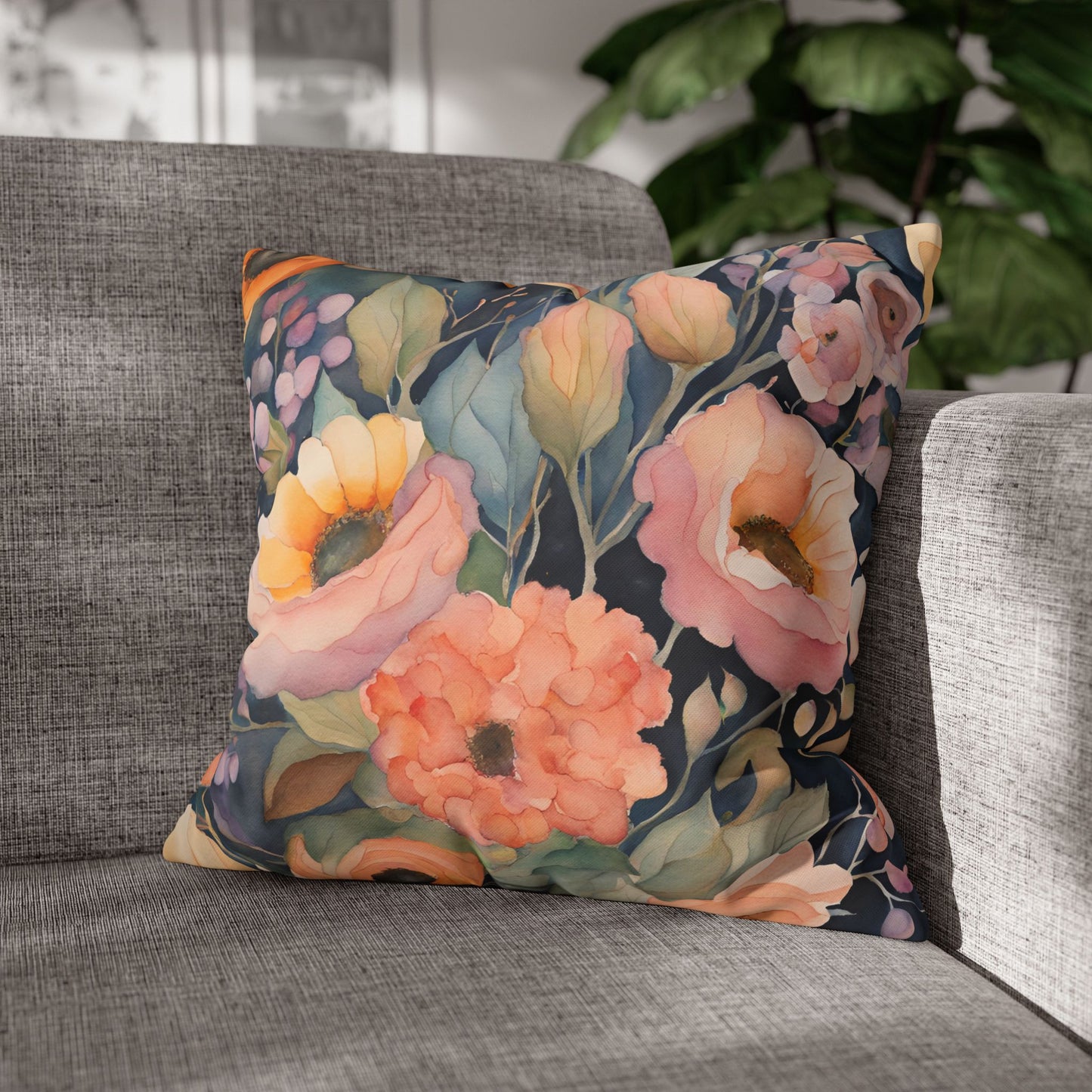 Charline Watercolor Floral Square Poly Canvas Pillowcase