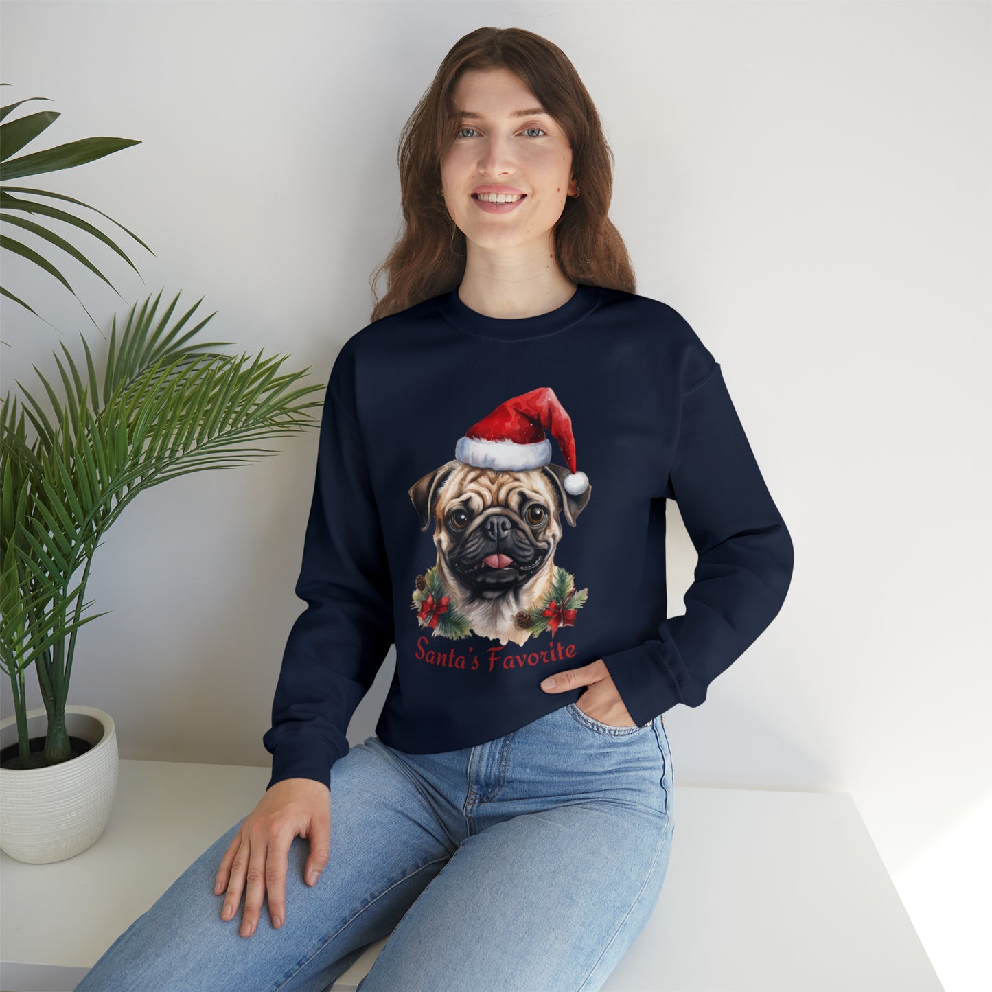 Santa's Favorite Pug in Santa Hat Unisex Heavy Blend™ Crewneck Sweatshirt