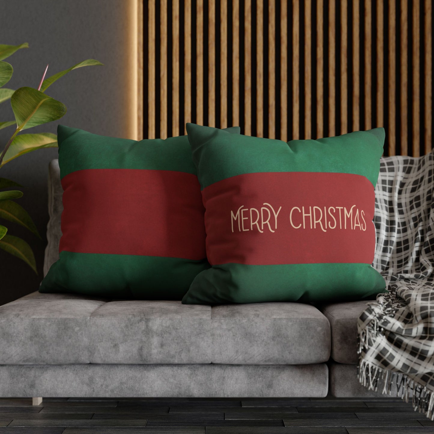 Merry Christmas Red & Green Square Poly Canvas Pillowcase