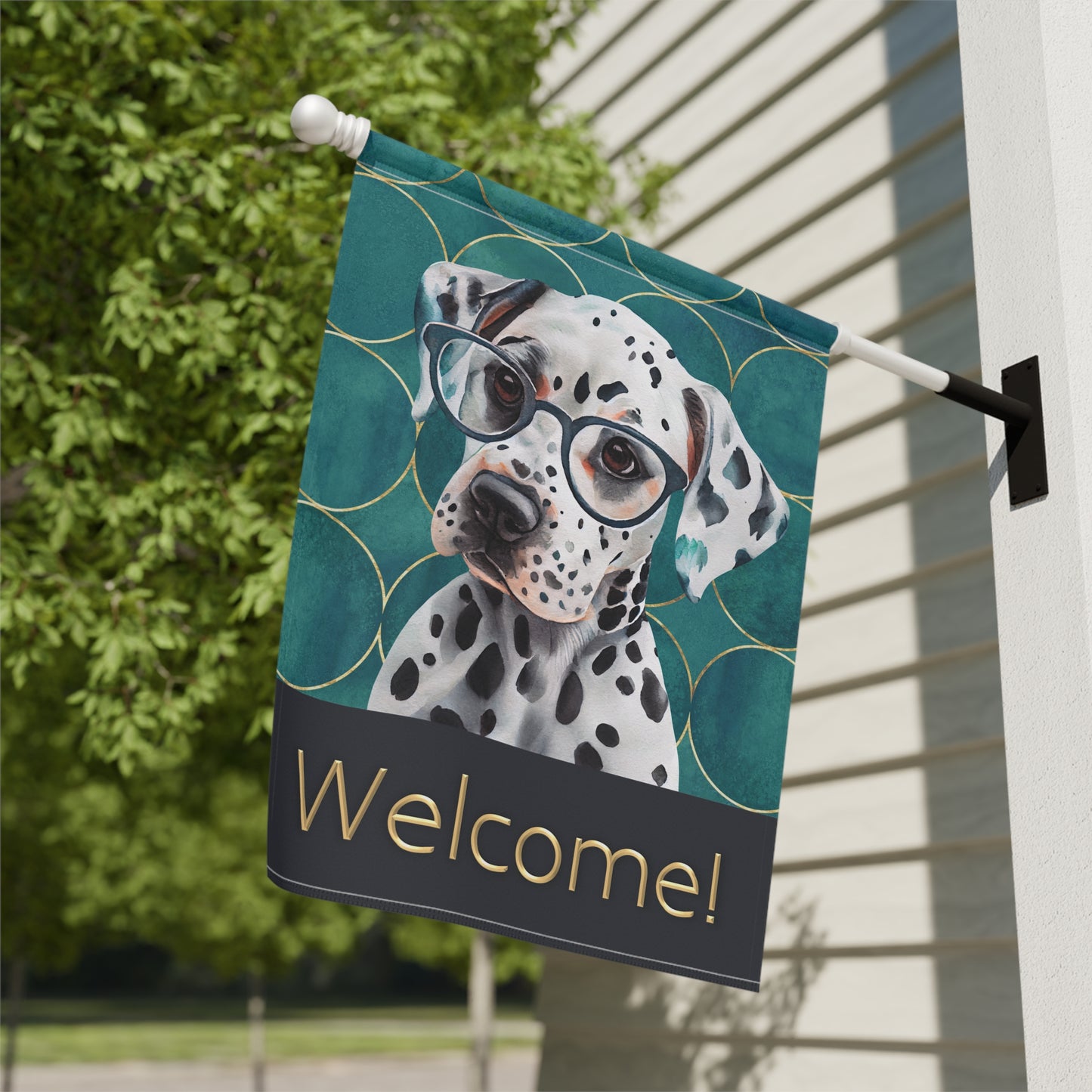 Dalmatian in Glasses Welcome 2-Sided Garden & House Flag/Banner
