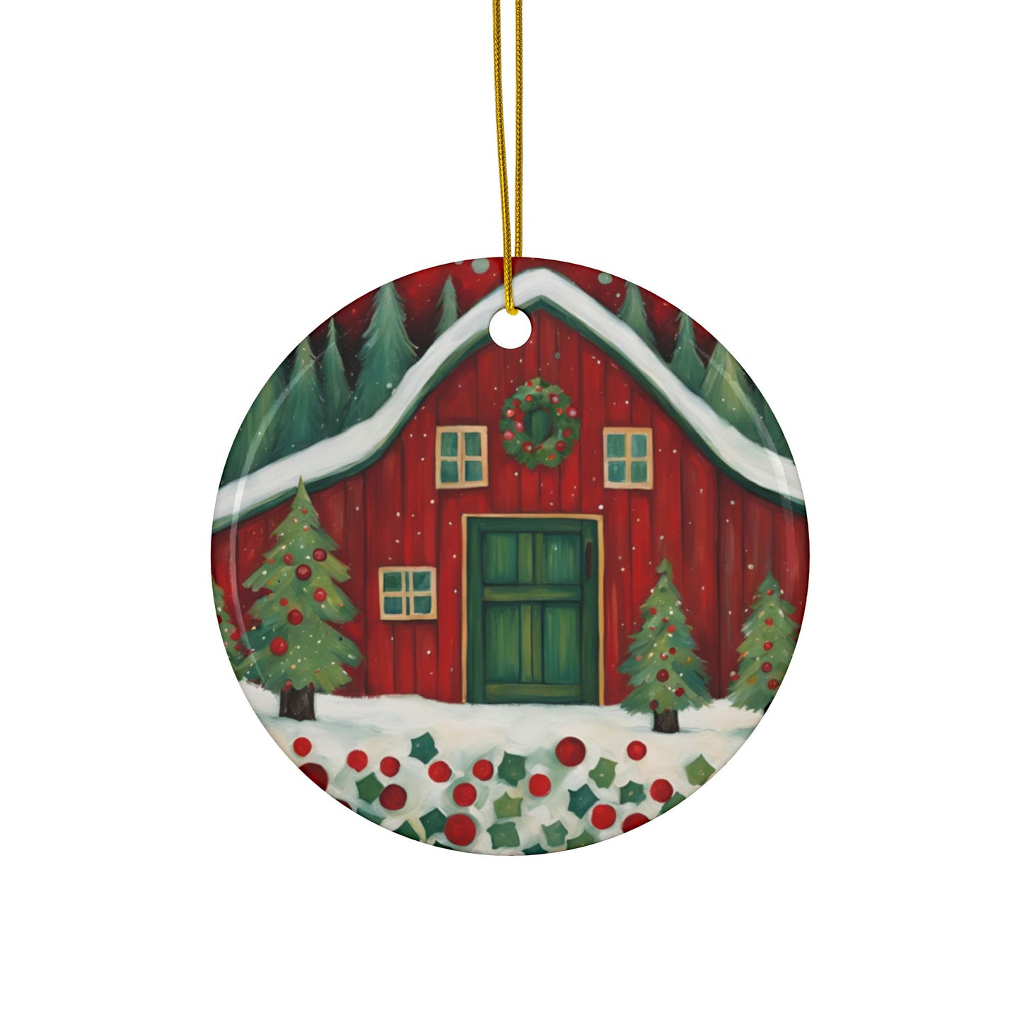 Red Barn Christmas 3" Ceramic Ornaments, 2-Side Print, (1pc, 10pcs)