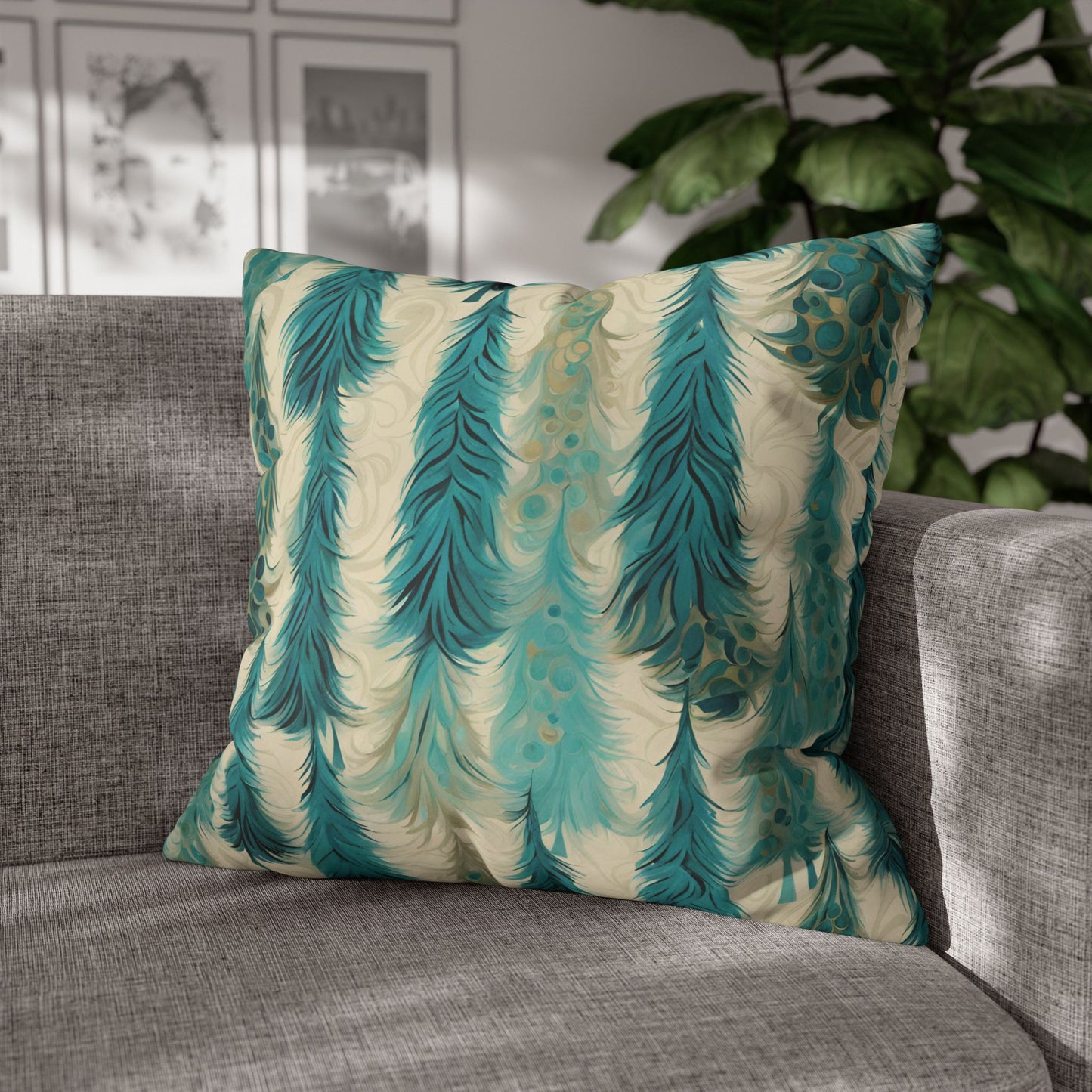 Teal Christmas Trees Square Poly Canvas Pillowcase