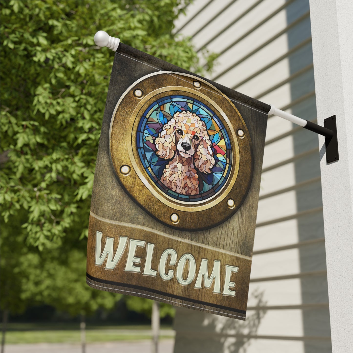 Poodle in Port Hole Welcome 2-Sided Garden & House Flag/Banner