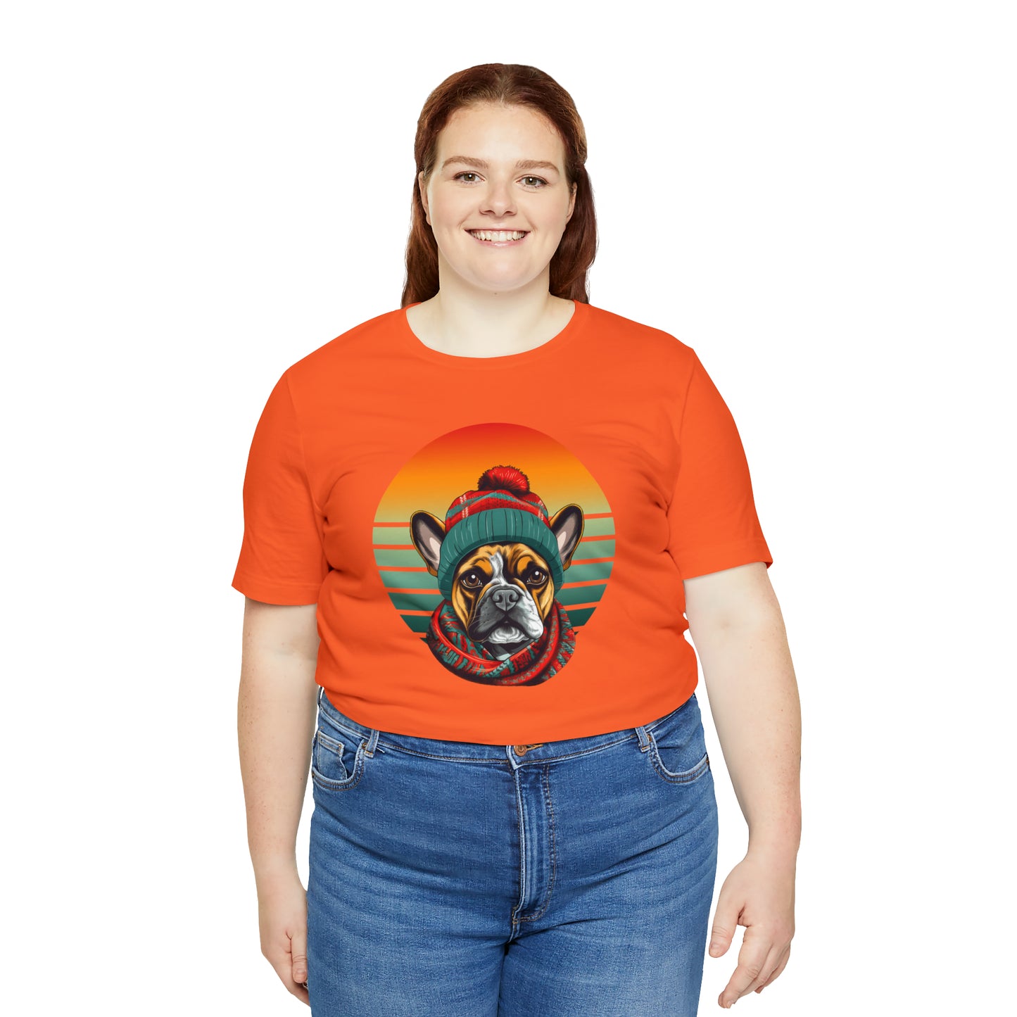 Retro French Bulldog in Hat & Scarf Unisex Jersey Short Sleeve Tee