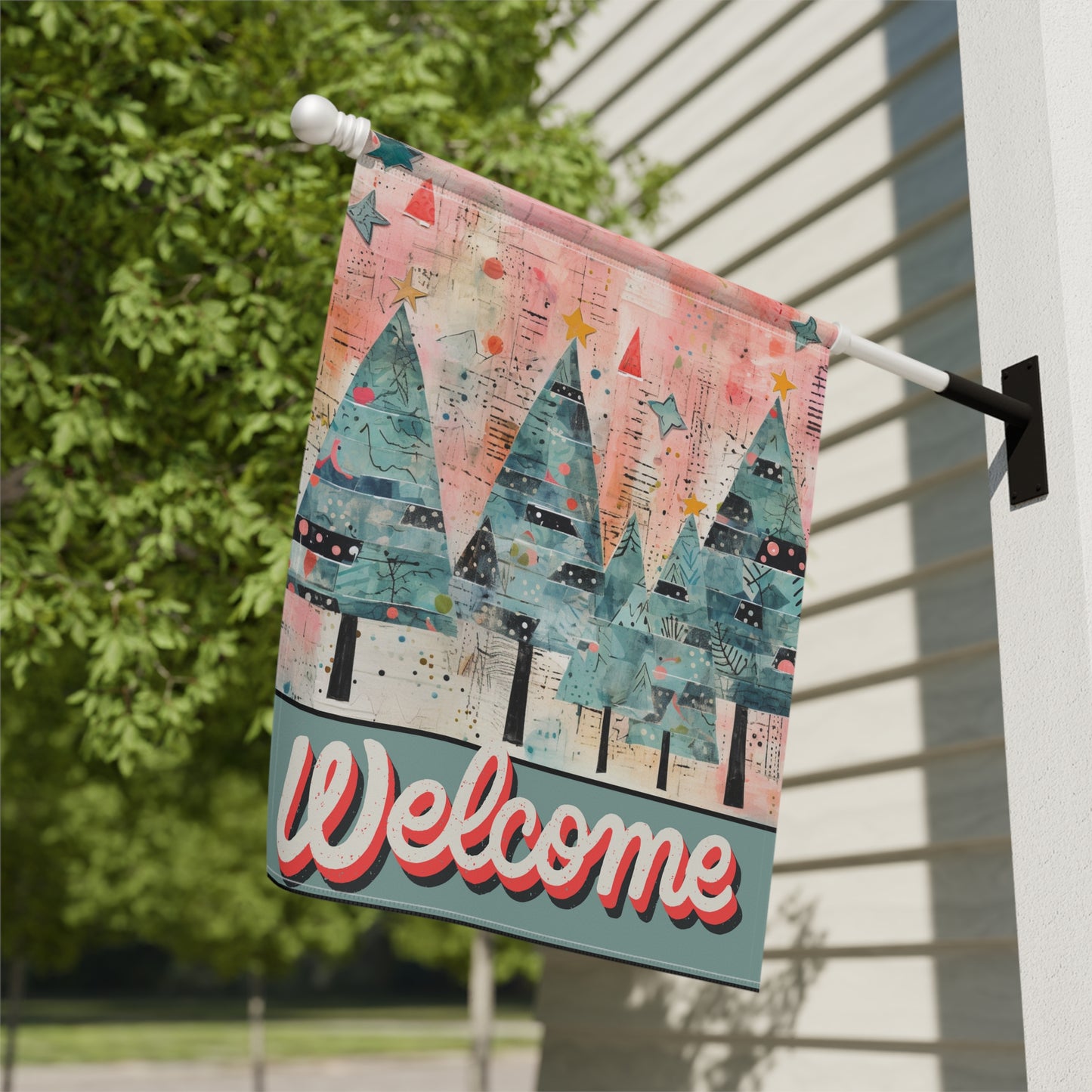 Vintage Christmas Pines Welcome 2-Sided Garden & House Flag/Banner