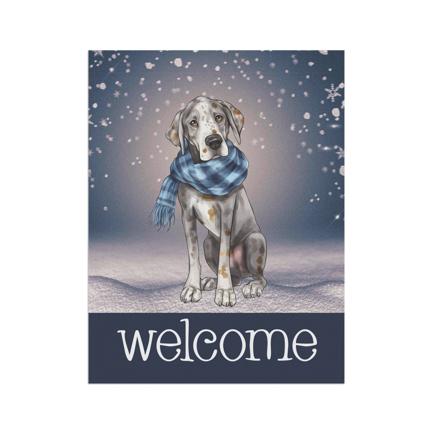 Snowy Welcome Great Dane in Scarf 2-Sided Garden & House Flag/Banner