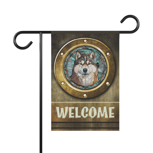 Alaskan Malamute in Port Hole Welcome 2-Sided Garden & House Flag/Banner