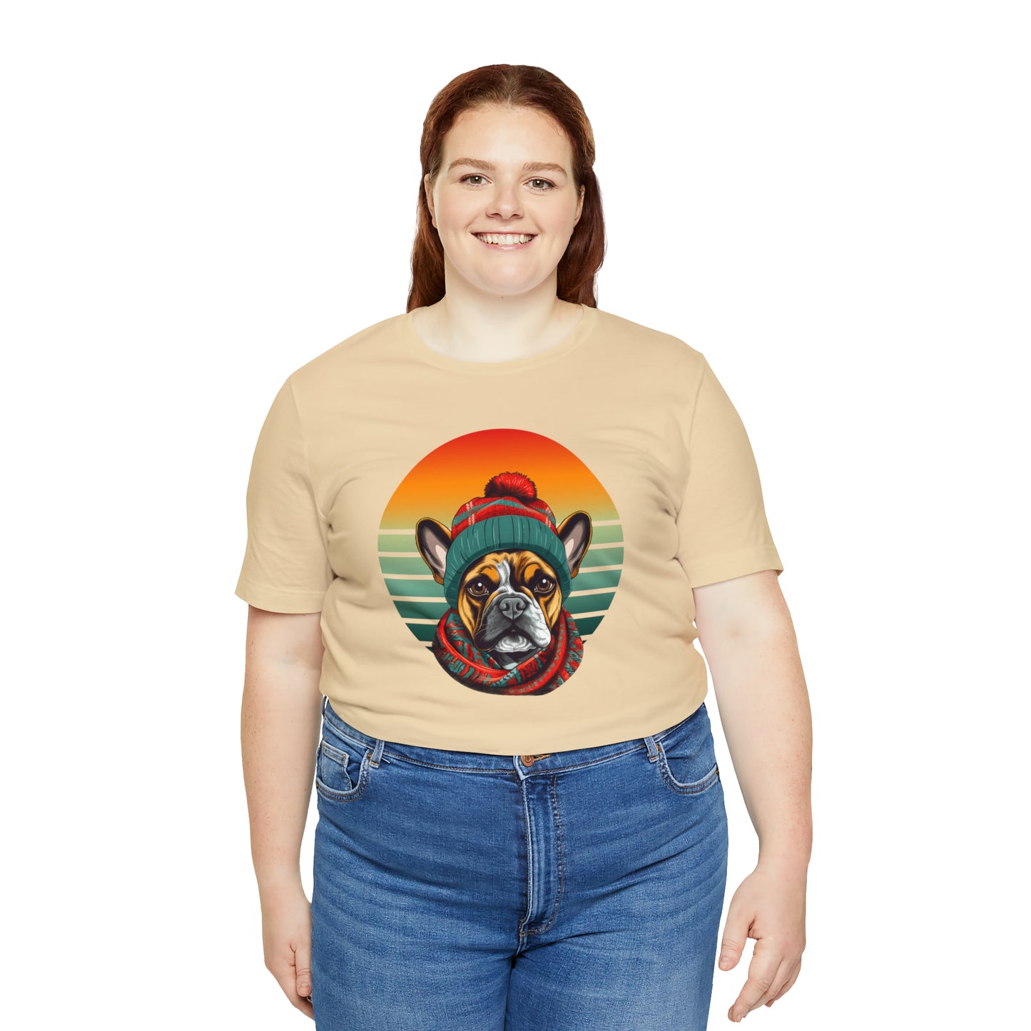 Retro French Bulldog in Hat & Scarf Unisex Jersey Short Sleeve Tee