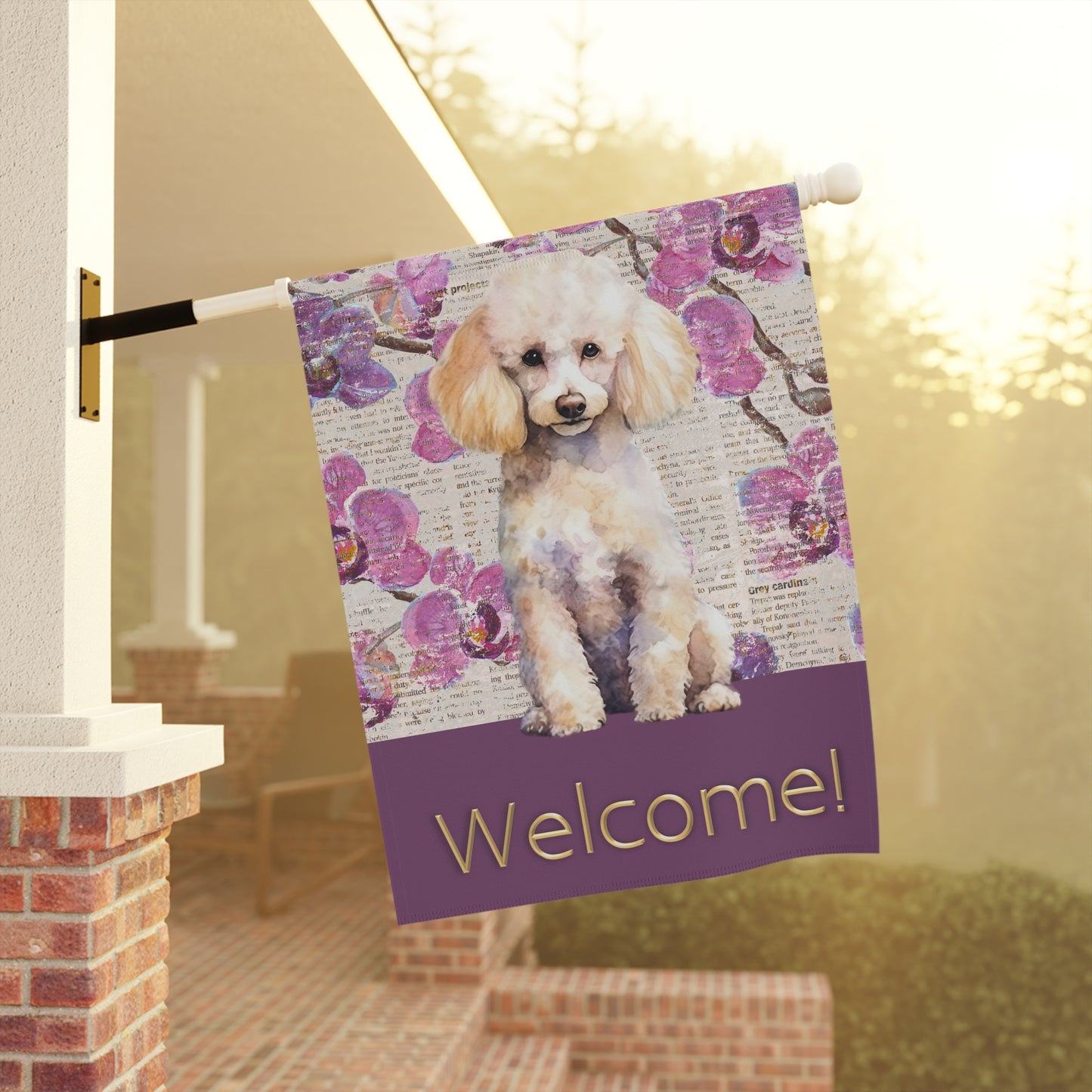 Poodle Welcome Purple Flowers 2-Sided Garden & House Flag/Banner