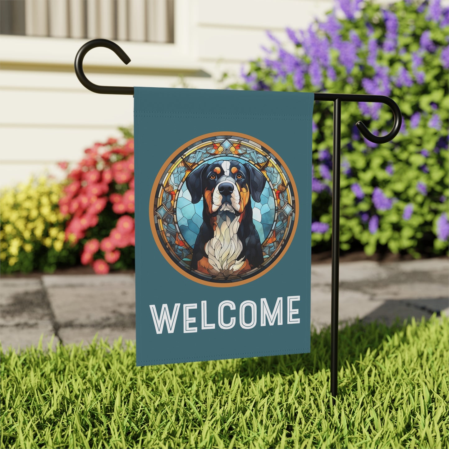 Greater Swiss Mountain Dog Welcome 2-Sided Garden & House Flag/Banner