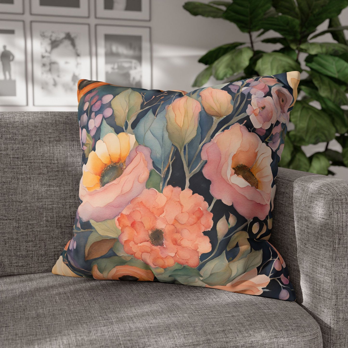 Charline Watercolor Floral Square Poly Canvas Pillowcase