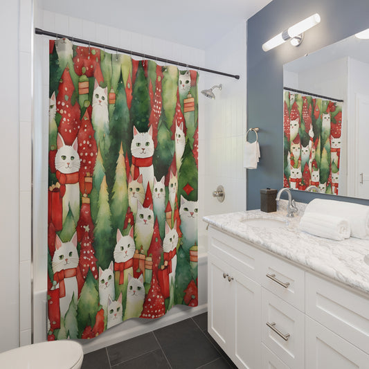 Meowy Christmas Polyester Shower Curtain