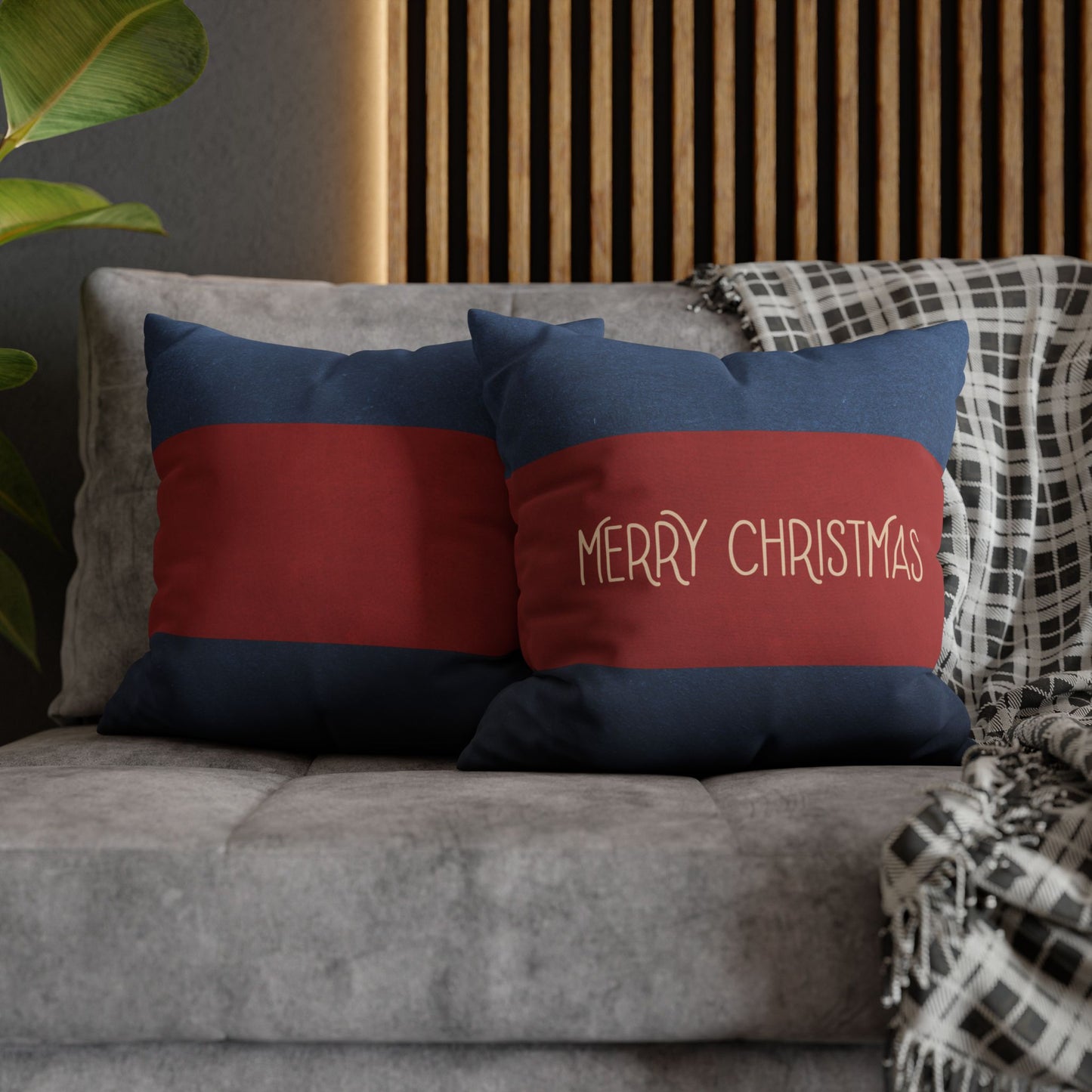 Merry Christmas Red & Navy Square Poly Canvas Pillowcase