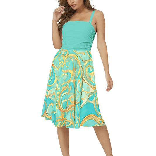 Teal Swirl Sleeveless Square Neck Flare Hem Midi Dress