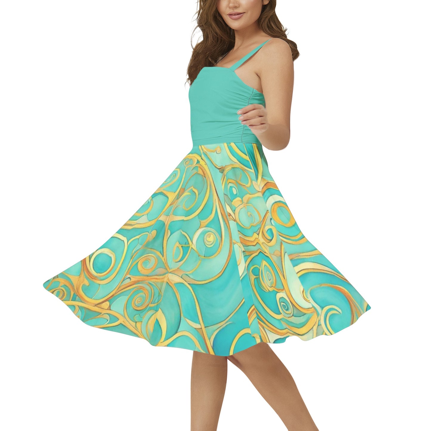 Teal Swirl Sleeveless Square Neck Flare Hem Midi Dress