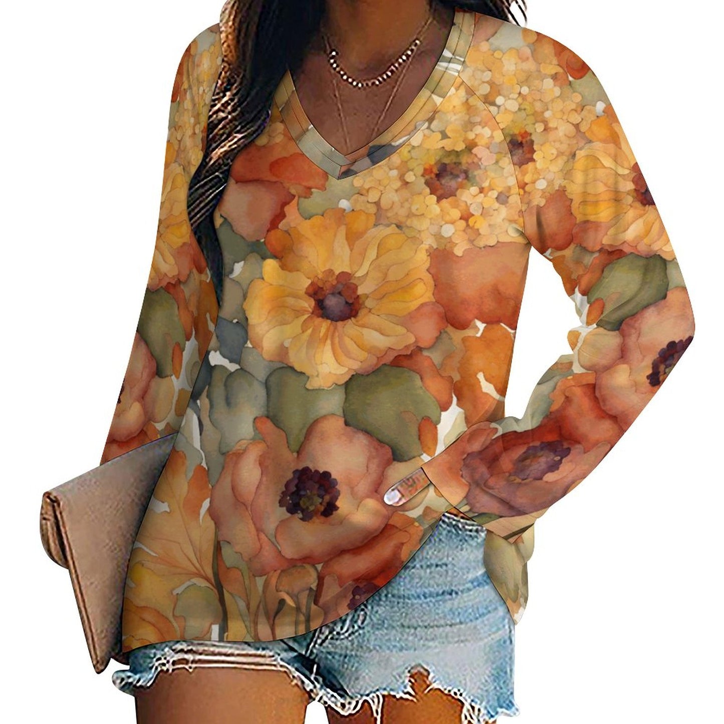 Amber V-neck Loose Long Sleeve T-shirt
