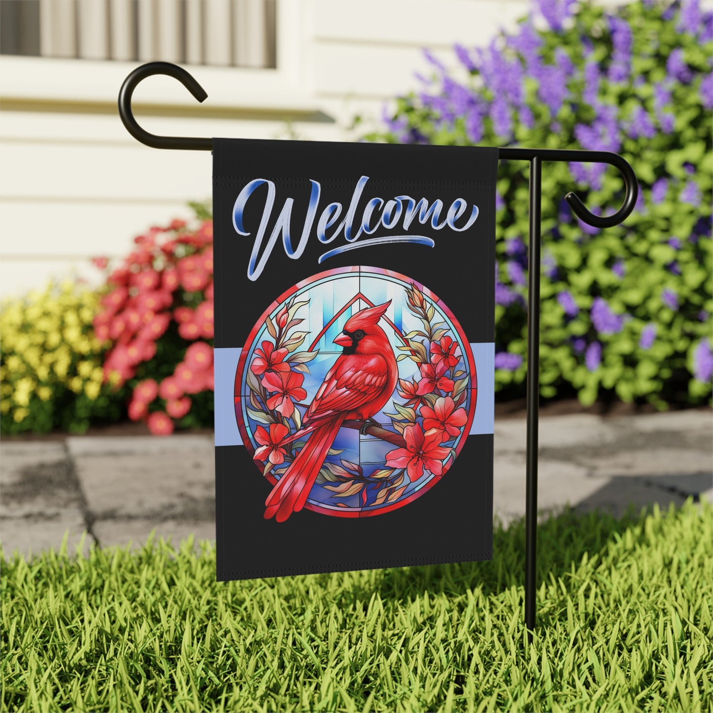 Stained Glass Cardinal 6 Welcome 2-Sided Garden & House Banner