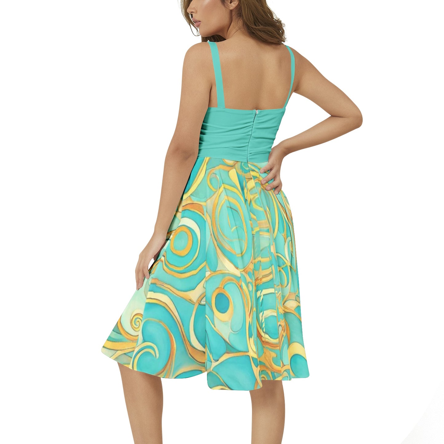 Teal Swirl Sleeveless Square Neck Flare Hem Midi Dress
