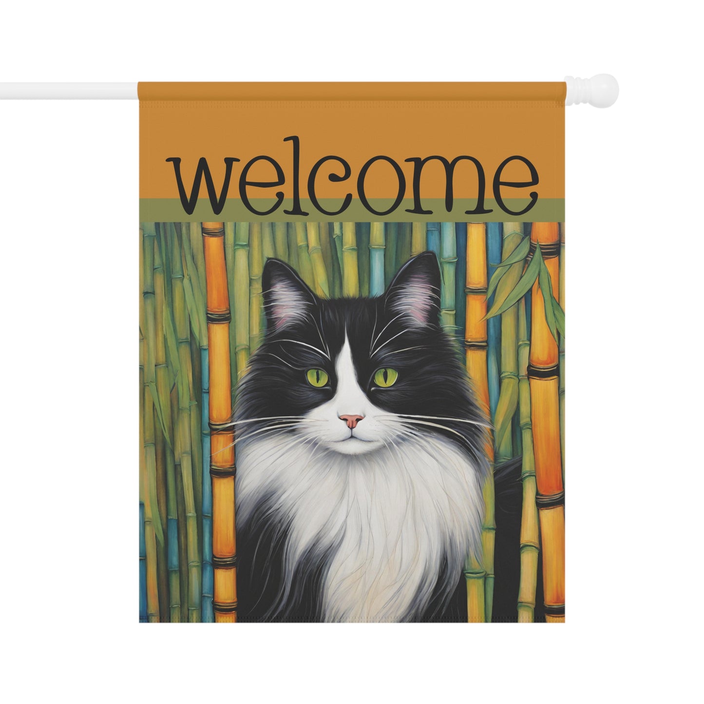 Black & White Bamboo Cat Welcome 2-Sided Garden & House Flag/Banner