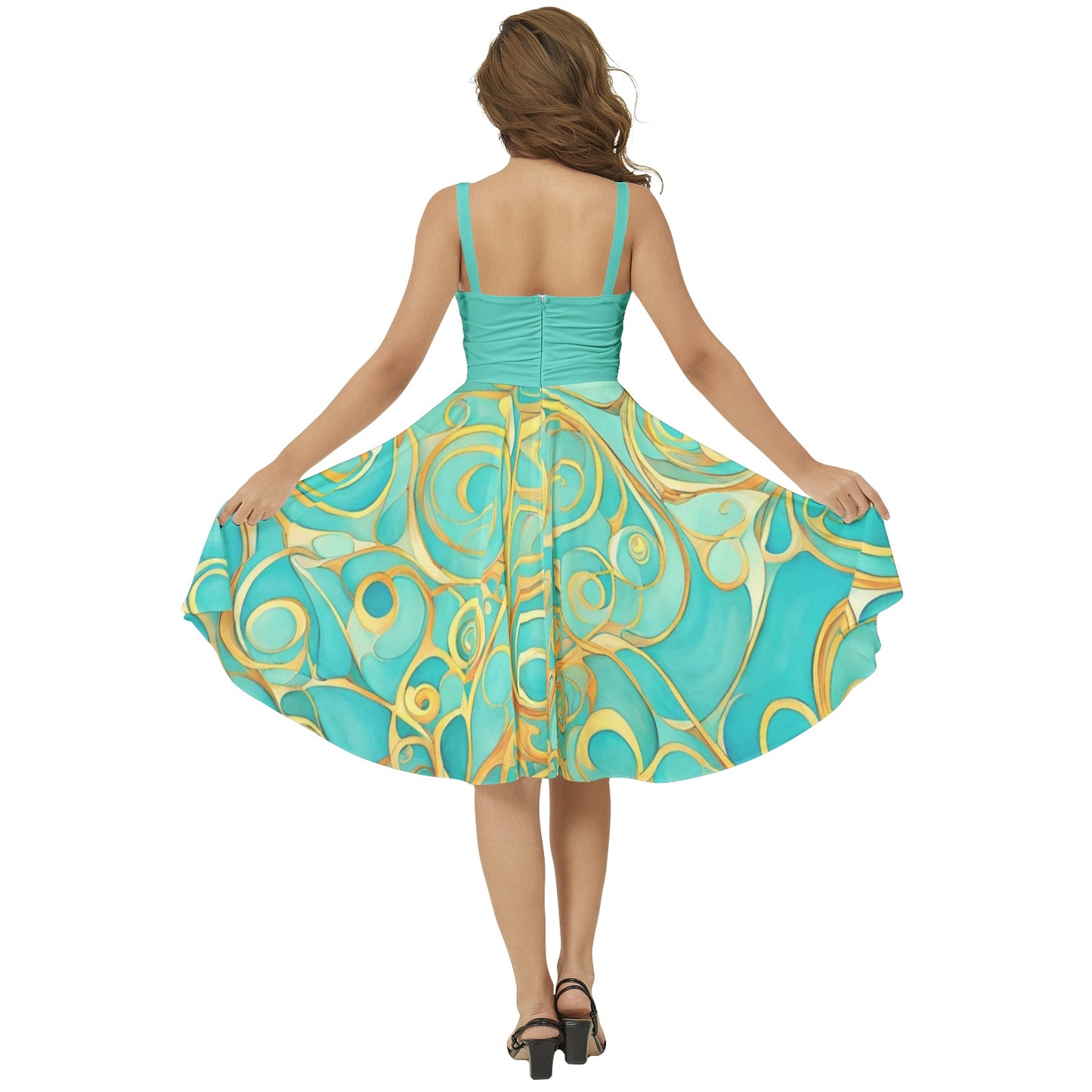 Teal Swirl Sleeveless Square Neck Flare Hem Midi Dress