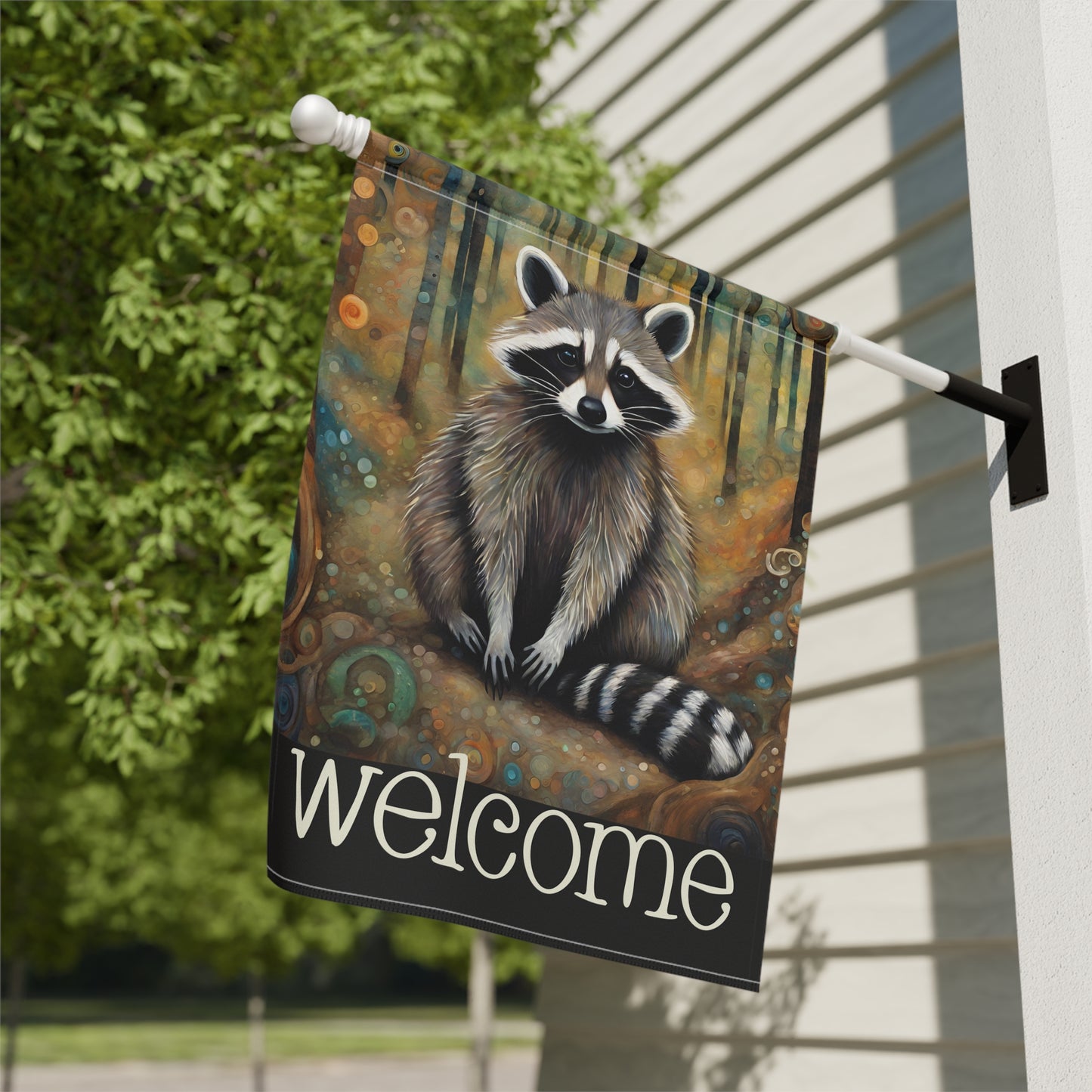 Mountain Forest Raccoon Welcome 2-Sided Garden & House Flag/Banner