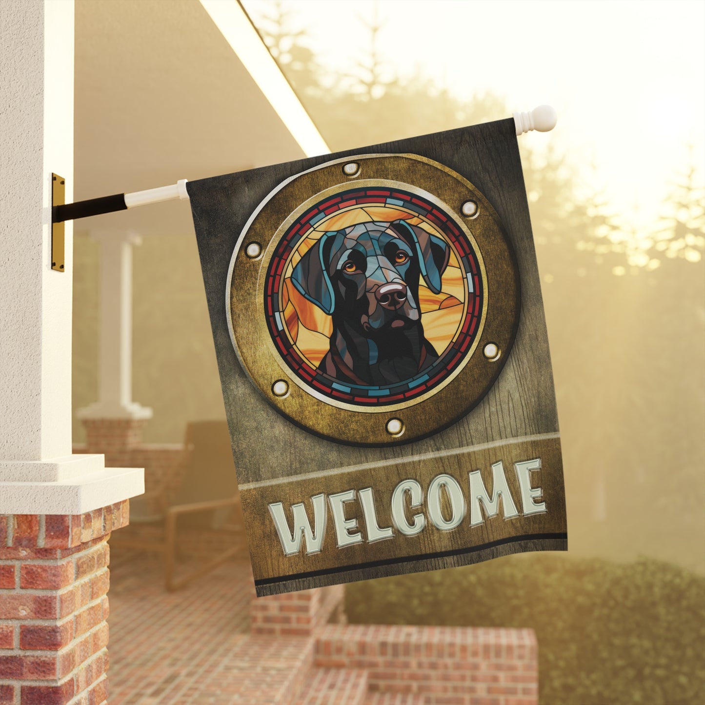 Black Labrador in Port Hole Welcome 2-Sided Garden & House Flag/Banner