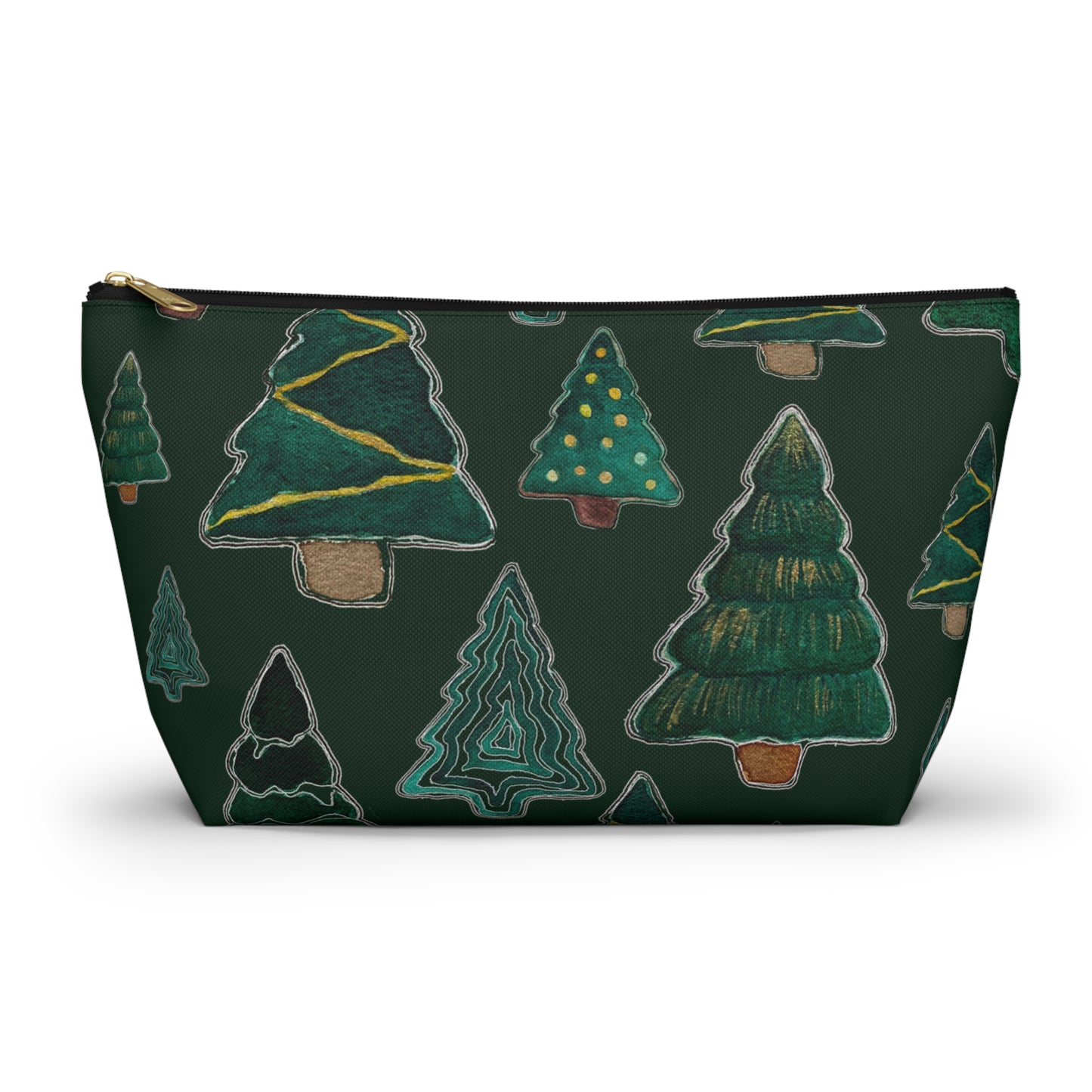 Christmas Tree Cutouts on Green Accessory Pouch w T-bottom