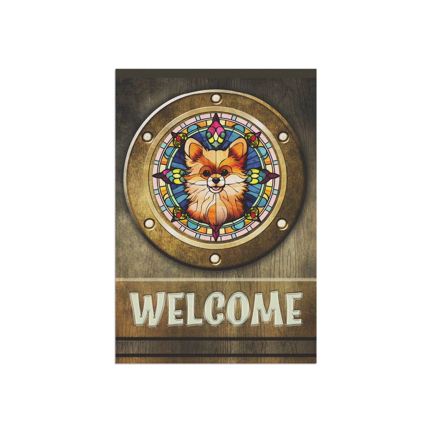 Pomeranian in Port Hole Welcome 2-Sided Garden & House Flag/Banner