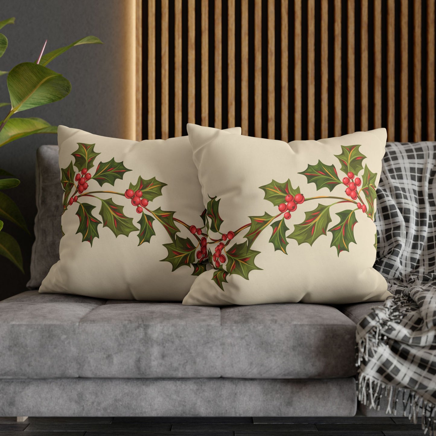 Holly Vine Holiday Square Poly Canvas Pillowcase