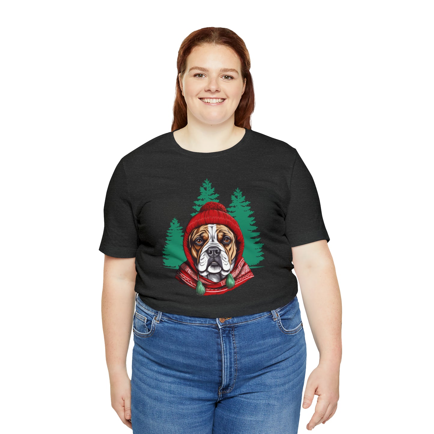 Bulldog In Stocking Hat & Scarf Winter Unisex Jersey Short Sleeve Tee